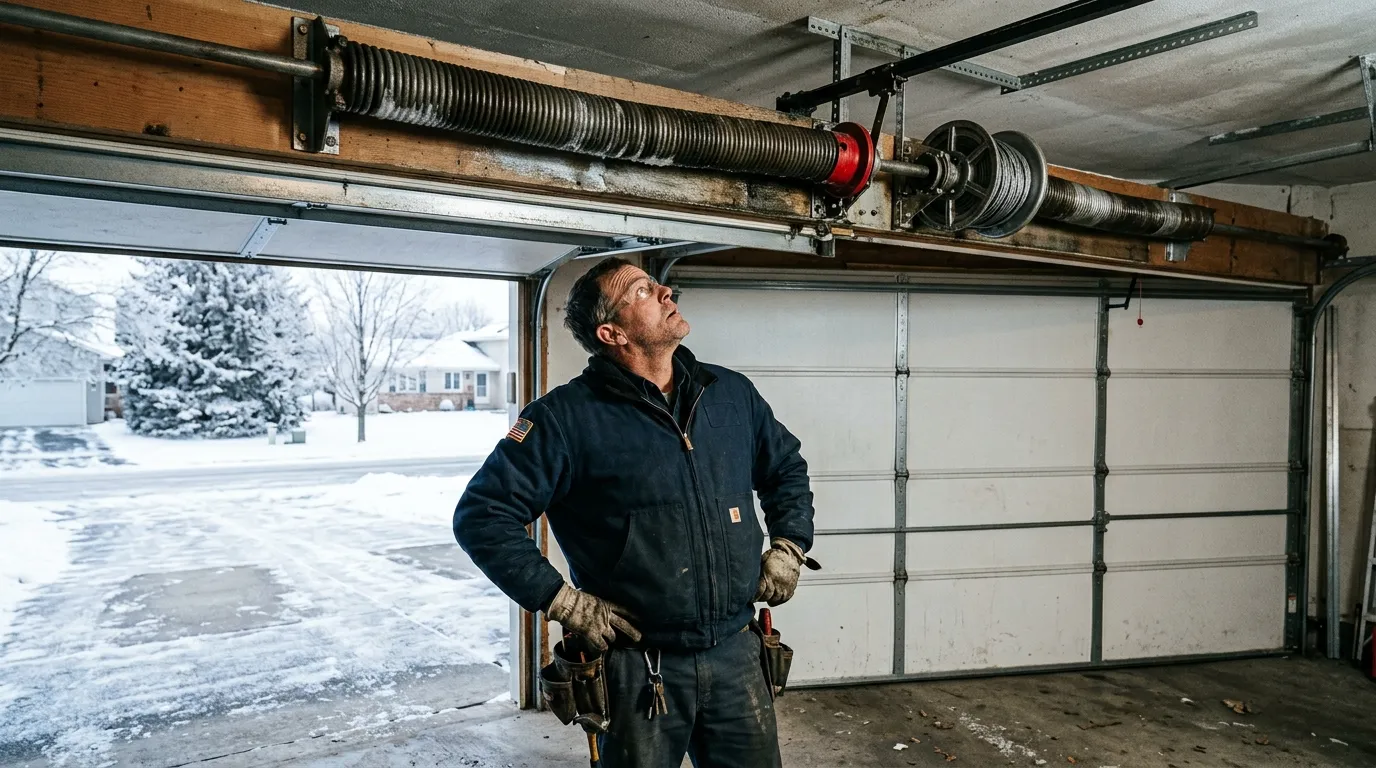 Garage door detail illustrating cold-weather spring failure in warren's older housing stock