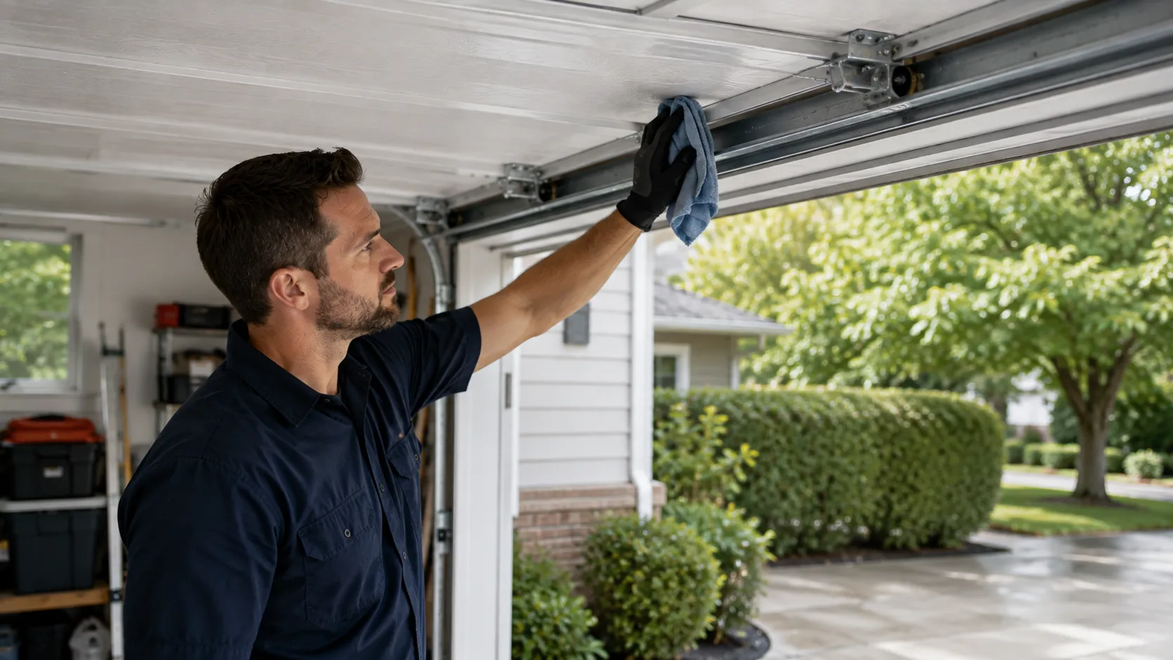 Garage door technician inspecting springs rollers tracks and opener in Warren Ohio