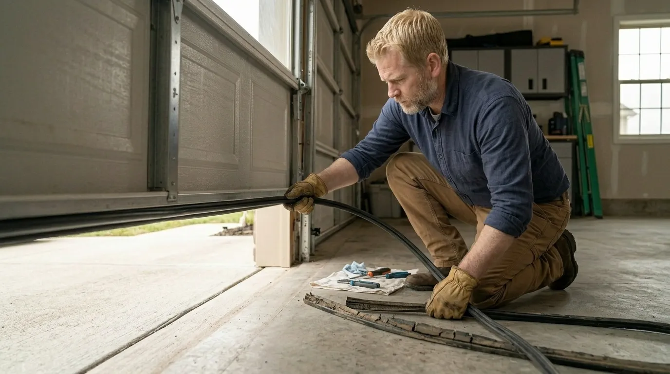 Garage door technician repairing a residential garage door in Warren Ohio